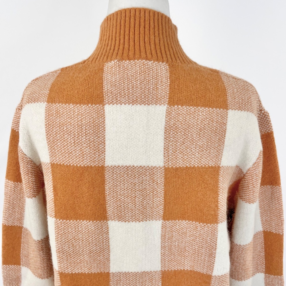 New Callahan Gingham Plaid Knit Mock Neck Sweater Orange Ivory Size Medium - Picture 9 of 13